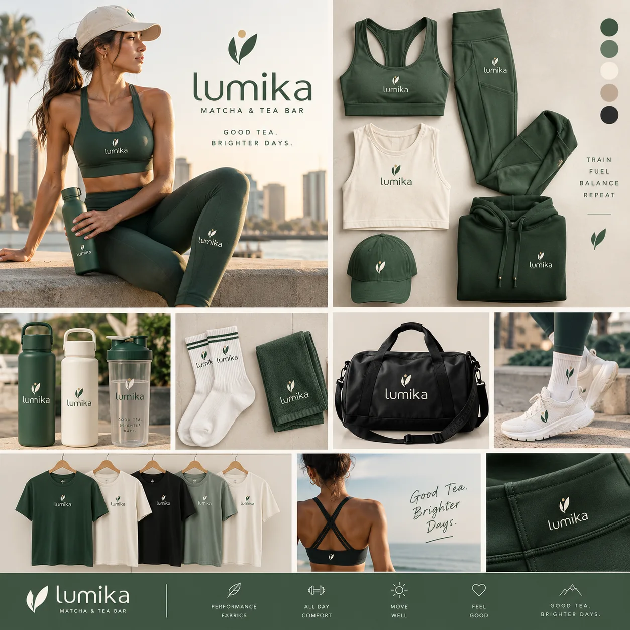 Lumika lifestyle collection: green activewear, water bottles, and caps with the leaf logo