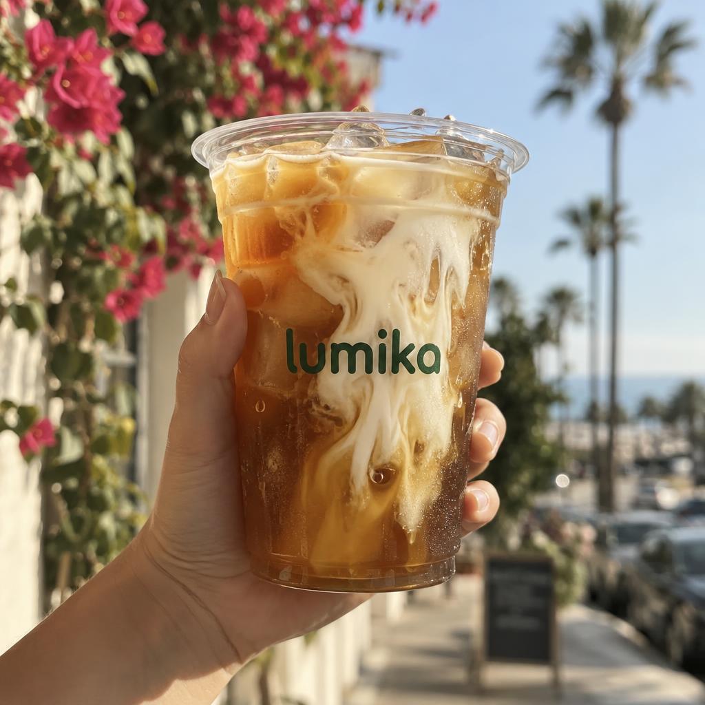 Vanilla Oat Cold Brew tea swirling with oat milk in a Lumika cup