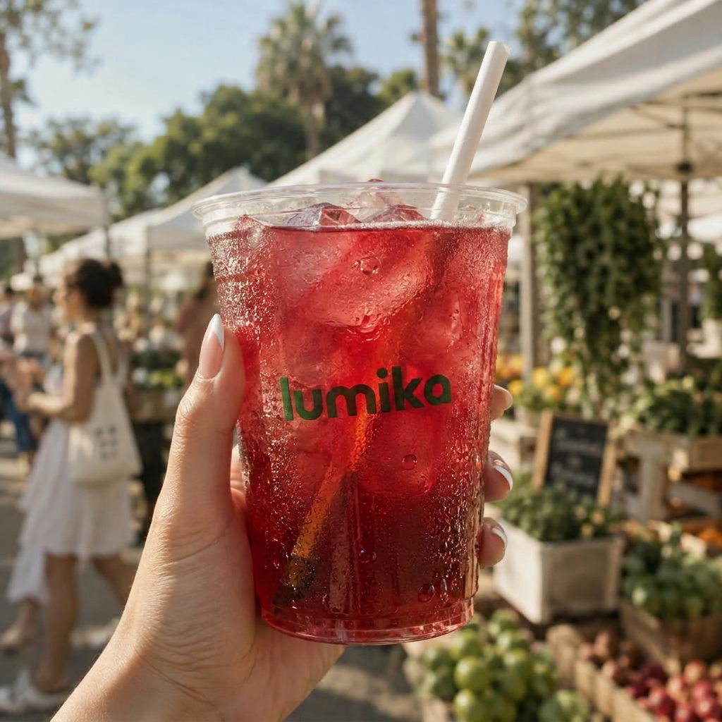 Brighter Days Hibiscus iced tea in a Lumika cup at a San Diego farmers market