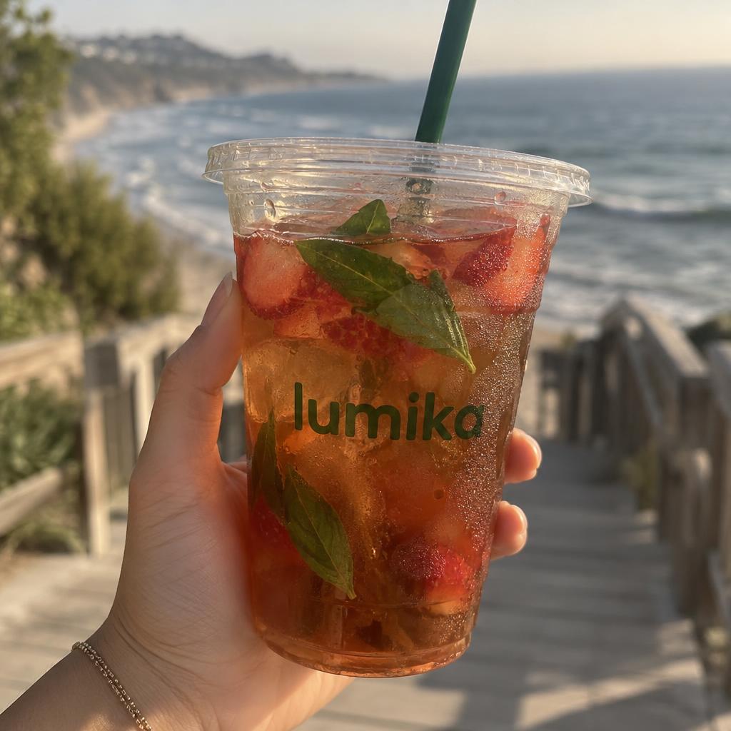 Strawberry Basil Cooler in a Lumika cup on the beach boardwalk