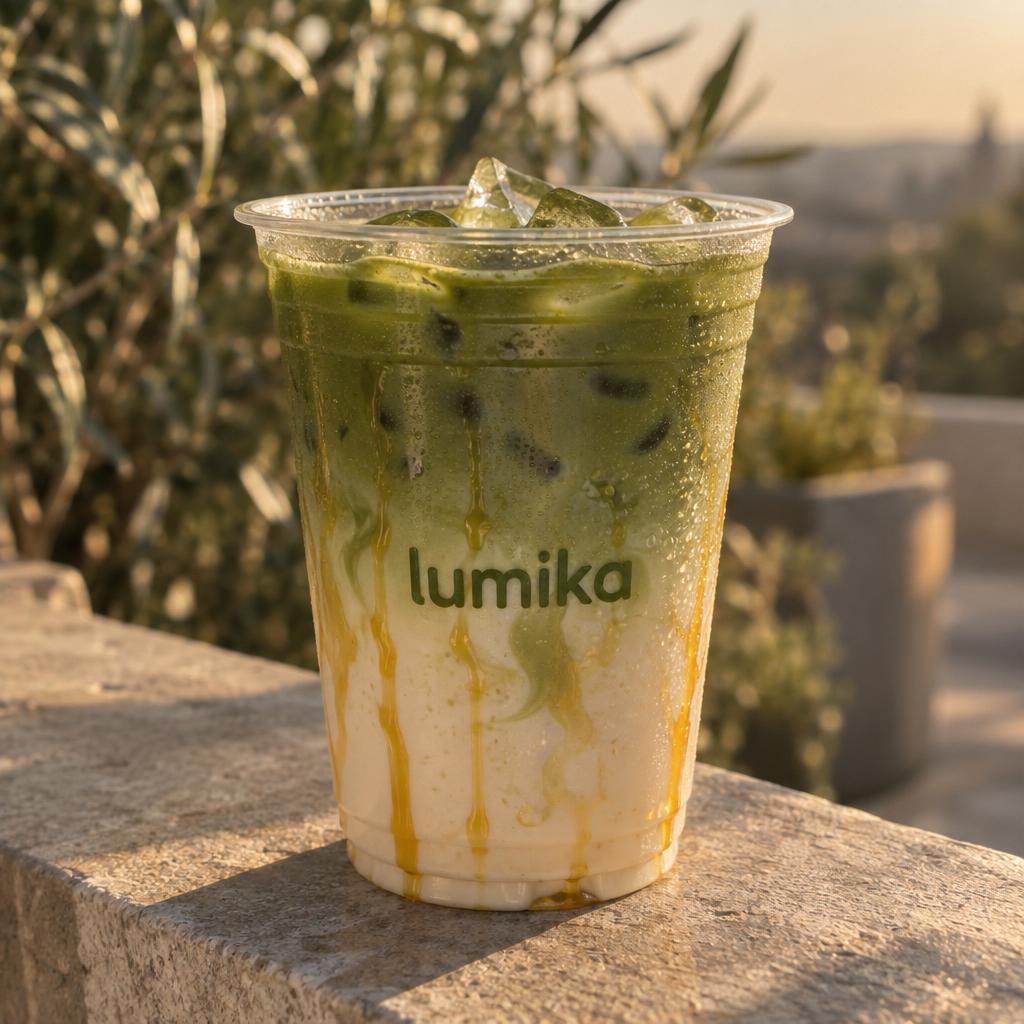 Golden Hour Matcha with gold drizzle on a stone ledge at sunset