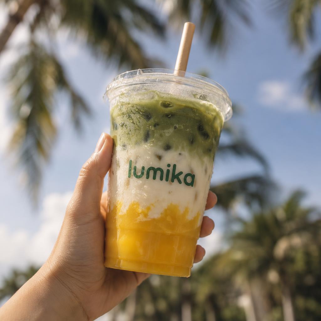 Matcha Mango Cloud held up against blue sky and palm trees